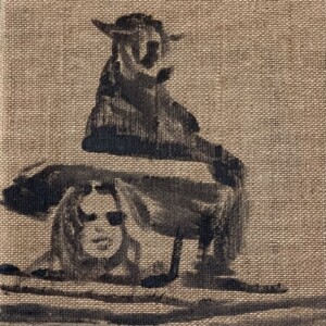 Joanna Błoniarz, Farrah Fawcett z dzikim kotem, Miniatury, akryl na płótnie, 20×20 cm