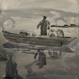 Joanna Błoniarz, Mężczyzna na łódce, Miniatury, akryl na płótnie, 20×20 cm