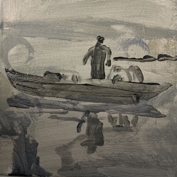 Joanna Błoniarz, Mężczyzna na łódce, Miniatury, akryl na płótnie, 20×20 cm