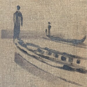 Joanna Błoniarz, Mężczyzna na Łódce – poranek, Miniatury, akryl na płótnie, 20×20 cm
