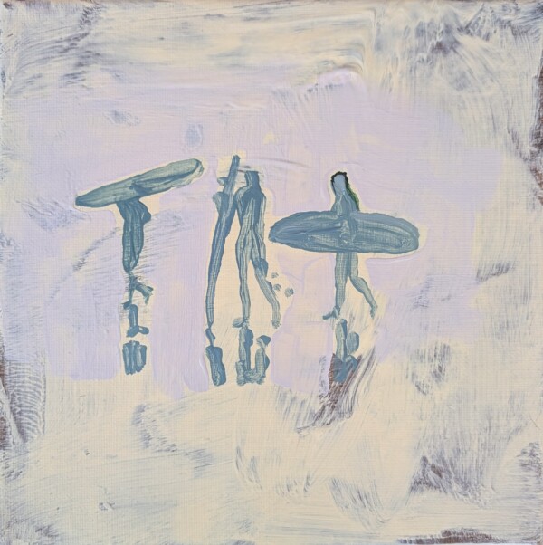 PXL_20251231_080547788_Original Joanna Błoniarz, Dzień na plaży (2026), szkic miniaturowy, scena z deską surfingową, akryl na płótnie, 20×20 cm