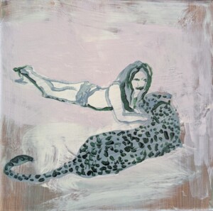 Joanna Błoniarz, Kobieta z lampartem, Miniatury, akryl na płótnie, 20×20 cm